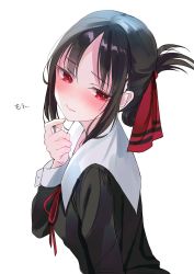 1girl bad_id bad_twitter_id black_dress blush breasts closed_mouth commentary dress eyelashes from_side hair_ribbon hand_on_own_chin highres kaguya-sama_wa_kokurasetai_~tensai-tachi_no_renai_zunousen~ long_sleeves looking_away looking_to_the_side nabi_(uz02) neck_ribbon red_eyes red_ribbon ribbon school_uniform shinomiya_kaguya short_hair shuuchiin_academy_school_uniform simple_background small_breasts solo translated upper_body white_background wrist_cuffs