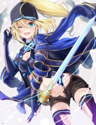 Rule 34 | 1girl, ;d, aqua eyes, artoria pendragon (fate), black hat, black shorts, blonde hair, blue gloves, breasts, cleavage, crop top, fate/grand order, fate (series), fingerless gloves, floating hair, fuku kitsune (fuku fox), gloves, hair between eyes, hat, head tilt, high ponytail, highres, holding, holding sword, holding weapon, index finger raised, long hair, looking at viewer, medium breasts, midriff, mysterious heroine x (fate), mysterious heroine x (third ascension) (fate), one eye closed, open clothes, open mouth, open shorts, short shorts, shorts, smile, solo, standing, stomach, sword, very long hair, weapon