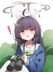 Rule 34 | !, 1girl, @ @, absurdres, ahoge, animal ears, black hair, blue archive, blue shirt, blunt bangs, bush, fake animal ears, goggles, green neckerchief, halo, highres, holding, holding goggles, leaf, light blush, long hair, long sleeves, looking at viewer, melting halo, miyu (blue archive), neckerchief, pants, parted lips, rabbit ears, red eyes, sailor collar, shirt, silday, sitting, solo, sweat, white background, white pants, white sailor collar