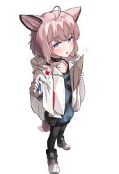 Rule 34 | 1girl, ahoge, animal ear fluff, animal ears, arknights, black collar, black footwear, black pantyhose, blue dress, blue eyes, blush, collar, collarbone, commentary, dress, fox ears, fox girl, fox tail, gloves, highres, holding, holding pen, jacket, jambujok, looking at viewer, pantyhose, parted lips, pen, pink hair, shoes, simple background, solo, standing, sussurro (arknights), tail, white background, white gloves, white jacket