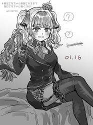 Rule 34 | 1girl, ?, @ @, arm at side, blunt bangs, blush, buttons, collared shirt, cross, cross earrings, cross print, crown, dated, dress, earrings, feet out of frame, frilled dress, frilled sleeves, frills, futaba sana, garter straps, gloves, greyscale, grin, hair ribbon, hand up, highres, holding, holding whip, jacket, jewelry, lapels, layered sleeves, long sleeves, magia record: mahou shoujo madoka magica gaiden, mahou shoujo madoka magica, medium hair, mini crown, monochrome, neckerchief, nervous smile, print neckerchief, ribbon, shirt, short dress, sidelocks, sitting, smile, solo, spoken question mark, sweat, thighhighs, totte, twintails, twitter username, wavy hair