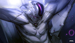 Rule 34 | arms up, artist name, backlighting, closed eyes, closed mouth, cyborg, dragon ball, dragonball z, frieza, mhk (mechamania), nipples, no humans, restrained, solo, upper body