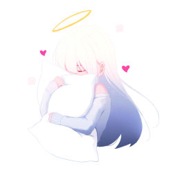 Rule 34 | 1girl, closed eyes, cropped torso, eyebrows hidden by hair, hair over one eye, halo, heart, long hair, long sleeves, hugging object, off-shoulder sweater, off shoulder, original, pillow, pillow hug, shimmer, sleeves past wrists, solo, sweater, upper body, very long hair, white background, white hair, white sweater