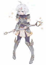 Rule 34 | 1girl, absurdres, ahoge, armor, armored boots, arrow hair ornament, blue eyes, blush, body armor, bodysuit, boots, cosplay, covered navel, embarrassed, full body, gauntlets, greaves, grey armor, grey background, hair ornament, highres, holding, holding staff, league of legends, linea alba, lux (league of legends), lux (league of legends) (cosplay), open mouth, original, pugongying, purple bodysuit, short hair, solo, staff, star (symbol), tachi-e, white hair, x hair ornament