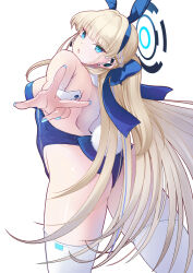 1girl absurdres animal_ears bare_shoulders blonde_hair blue_archive blue_eyes blue_halo blue_leotard blush breasts detached_collar earpiece fake_animal_ears fake_tail halo highleg highleg_leotard highres kogarasu1st leotard long_hair looking_at_viewer medium_breasts official_alternate_costume open_mouth playboy_bunny rabbit_ears rabbit_tail revision solo tail thighhighs toki_(blue_archive) toki_(bunny)_(blue_archive) white_thighhighs white_wrist_cuffs wrist_cuffs