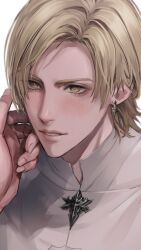 2boys blonde_hair blush collared_shirt commentary_request dion_lesage ear_piercing earrings ff14_nr final_fantasy final_fantasy_xvi hand_on_another&#039;s_face jewelry looking_at_another male_focus multiple_boys out_of_frame parted_lips piercing shirt simple_background solo_focus terrence_(ff16) upper_body white_background white_shirt yellow_eyes