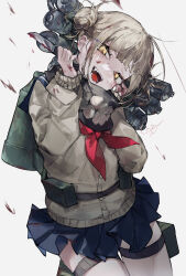 Rule 34 | 1girl, absurdres, blood, blood on face, bloody knife, blue sailor collar, blue skirt, boku no hero academia, cardigan, double bun, grey background, hair bun, highres, holding, holding knife, knife, light brown hair, long sleeves, looking at viewer, messy hair, neckerchief, open mouth, orange eyes, pleated skirt, red neckerchief, sailor collar, school uniform, sharp teeth, signature, simple background, siuroi, skirt, solo, teeth, thigh strap, toga himiko
