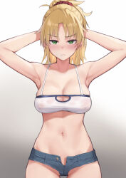 Rule 34 | 1girl, armpits, arms behind back, arms up, bare arms, bare shoulders, blonde hair, blush, breasts, cleavage, collarbone, cowboy shot, denim, denim shorts, fate/apocrypha, fate (series), frown, gradient background, green eyes, grey background, groin, hair ornament, hair scrunchie, highres, large breasts, long hair, looking at viewer, mordred (fate), mordred (fate/apocrypha), navel, open clothes, open shorts, red scrunchie, scrunchie, shorts, solo, standing, stomach, try (lsc), white background