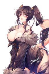 Rule 34 | 1girl, blush, breasts, choker, grabbing another&#039;s hair, hair between eyes, highres, iris yuma, jacket, large breasts, long hair, maett, nipple slip, nipples, open mouth, out of frame, red eyes, signature, simple background, solo focus, soulworker, very long hair, white background