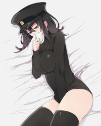 Rule 34 | 10s, 1girl, akitsu maru (kancolle), black eyes, black hair, black thighhighs, female masturbation, hat, kantai collection, masturbation, md5 mismatch, oniku (oishii oniku), peaked cap, remodel (kantai collection), ribbed sweater, smelling, smelling clothes, solo, sweat, sweater, thighhighs