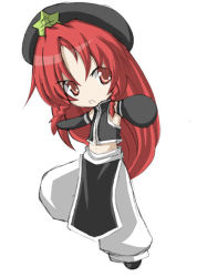 Rule 34 | 1girl, baggy pants, bare shoulders, black gloves, braid, female focus, full body, gloves, hat, hong meiling, immaterial and missing power, long hair, midriff, miwa maku, pants, red eyes, red hair, simple background, sleeveless, solo, star (symbol), touhou, twin braids, white background