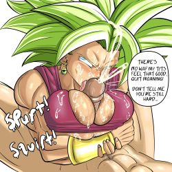 Rule 34 | 1boy, 1girl, absurdres, angry, areola slip, big hair, blue eyes, blush, breasts, breasts squeezed together, cleavage, clothed female nude male, cum, cum on body, cum on breasts, cum on upper body, dragon ball, dragon ball super, earrings, english text, facial, fellatio, green hair, hetero, highres, jewelry, kale (dragon ball), kefla (dragon ball), large breasts, licking, licking penis, looking at another, lying, nipple slip, nipples, nude, oral, paizuri, penis, potara earrings, pseudocel, simple background, speech bubble, speed lines, spiked hair, tank top, tongue, tongue out, white background