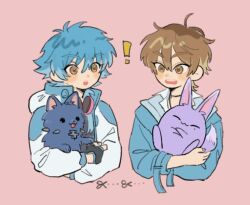 2boys animal animal_ears blue_hair blush brown_eyes brown_hair ch0kkin_tona dog dramatical_murder eiden_(nu_carnival) fox_ears fox_tail gloves hair_between_eyes headphones headphones_around_neck holding holding_animal holding_dog jacket jewelry kuya_(nu_carnival) light_brown_hair long_hair long_sleeves looking_at_another mole mole_under_eye multiple_boys necklace nu_carnival open_mouth ren_(dramatical_murder) seragaki_aoba shirt short_hair tail white_shirt yaoi