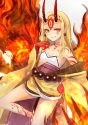 Rule 34 | 1girl, absurdres, bad id, bad pixiv id, bare shoulders, blonde hair, breasts, earrings, facial mark, fate/grand order, fate (series), fire, highres, horns, ibaraki douji (fate), japanese clothes, jewelry, kimono, long hair, looking at viewer, off shoulder, oni, pointy ears, slit pupils, small breasts, smile, solo, tattoo, yellow eyes, yukihama