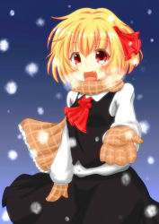 Rule 34 | 1girl, :d, absurdres, blonde hair, fang, hair ribbon, highres, mittens, open mouth, red eyes, ribbon, rumia, scarf, scarlet mirin, shirt, short hair, skirt, smile, snowing, solo, touhou, vest