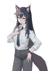 Rule 34 | alternate costume, animal ear fluff, animal ears, arknights, black hair, brown eyes, cigarette, collared shirt, grey pants, highres, holding, holding cigarette, long hair, loose necktie, necktie, open collar, pants, shirt, shirt tucked in, siguya, simple background, sleeves rolled up, smoking, tail, texas (arknights), watch, white background, white shirt, wolf ears, wolf girl, wolf tail, wristwatch