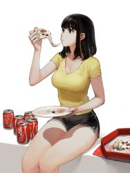 Rule 34 | 1girl, black eyes, black hair, blouse, breasts, can, cheese, cleavage, coca cola, coke, dolphin shorts, drink can, eating, eyelashes, female focus, food, highres, holding, jun (navigavi), large breasts, matching hair/eyes, medium hair, olive, original, pizza, pizza box, pizza slice, plate, shirt, short shorts, shorts, sitting, soda can, solo, thighs, white background, yellow shirt