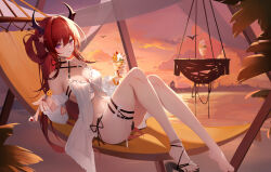 Rule 34 | 1girl, a shui, absurdres, arknights, bare shoulders, bikini, black bikini, black choker, breasts, cherry, choker, cleavage, closed mouth, cloud, commentary request, criss-cross halter, food, fruit, full body, hair ornament, hair rings, halterneck, hammock, highres, holding, holding spoon, horns, ice cream, knees up, legs, long hair, looking at viewer, medium breasts, nail polish, navel, official alternate costume, orange sky, outdoors, purple eyes, red hair, red nails, single barefoot, sky, solo, spoon, star (symbol), star hair ornament, sundae, sunset, surtr (arknights), surtr (colorful wonderland) (arknights), swimsuit, swimsuit cover-up, thigh strap, toenail polish, toenails, very long hair, water