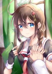 Rule 34 | 1boy, 1girl, admiral (kancolle), ahoge, black gloves, black shirt, blue eyes, blurry, blurry background, blush, braid, brown hair, closed mouth, curtains, depth of field, fingerless gloves, fingernails, gloves, hair between eyes, hair ornament, hair over shoulder, hands up, highres, holding, holding hands, indoors, kantai collection, long sleeves, mashiro aa, neckerchief, out of frame, pov, puffy short sleeves, puffy sleeves, red neckerchief, sailor collar, school uniform, serafuku, shigure (kancolle), shirt, short sleeves, side braid, sidelocks, smile, solo focus, white sailor collar, window