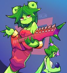 Rule 34 | 2girls, artist name, bacun, breasts, cactus girl, cleavage, closed mouth, colored skin, green hair, green skin, guitar, highres, holding, holding instrument, holding microphone, instrument, looking at viewer, medium breasts, microphone, multiple girls, original, purple eyes, red eyes, short hair