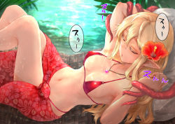 Rule 34 | 1girl, :o, bikini, blonde hair, collarbone, commission, elf, flower, from above, hair between eyes, hair flower, hair ornament, highres, jewelry, long hair, looking at viewer, micro bikini, necklace, original, palm tree, pixiv commission, pointy ears, red eyes, restrained, sarong, sasagawa (haikaiki), solo, swimsuit, tentacles, tree, water
