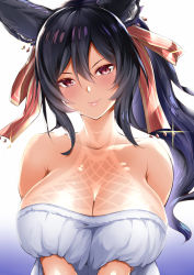 Rule 34 | 1girl, amasora taichi, animal ears, bikini tan, black hair, blush, breast press, breasts, commentary request, dress, erune, granblue fantasy, hair between eyes, hair ornament, highres, ilsa34660285, large breasts, lips, long hair, looking at viewer, off-shoulder dress, off shoulder, pink lips, ponytail, red eyes, simple background, solo, swimsuit, tan, tanline, upper body, white background, white dress
