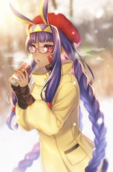 Rule 34 | 1girl, :o, alternate hairstyle, amakura (am as), animal ears, beret, bespectacled, blunt bangs, blurry, blurry background, braid, breath, can, casual, coat, dark-skinned female, dark skin, drink can, eyeshadow, facepaint, fate/grand order, fate (series), glasses, hair tubes, hairband, has bad revision, has downscaled revision, hat, highres, holding, long hair, long sleeves, makeup, md5 mismatch, nail polish, nitocris (fate), open mouth, purple eyes, purple hair, rabbit ears, red-framed eyewear, red hat, red nails, resolution mismatch, sidelocks, sleeves past wrists, snowing, soda can, solo, source smaller, tsurime, twin braids, two-tone hairband, upper body, very long hair, winter, winter clothes, winter coat, yellow coat