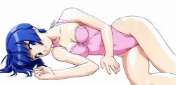 Rule 34 | 1girl, ai yori aoshi, arm support, bare legs, bare shoulders, blue eyes, blue hair, breasts, casual one-piece swimsuit, cleavage, collarbone, female focus, fingernails, fumizuki kou, highleg, highleg swimsuit, highres, hip focus, legs, long image, looking at viewer, lying, matching hair/eyes, on side, one-piece swimsuit, parted lips, pink one-piece swimsuit, sakuraba aoi, shiny skin, short hair, simple background, solo, swimsuit, thighs, white background, wide image