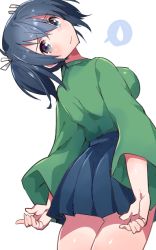 Rule 34 | 10s, 1girl, black hair, blush, cowboy shot, from behind, head tilt, ichihaya, japanese clothes, kantai collection, looking at viewer, shaft look, short hair, skirt, solo, souryuu (kancolle), spoken sweatdrop, sweatdrop, twintails, wavy mouth, white background