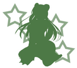 Rule 34 | 1girl, double bun, green theme, kneeling, long hair, monochrome, satomi (black scarecrow), silhouette, solo, star (symbol), starry background, white background