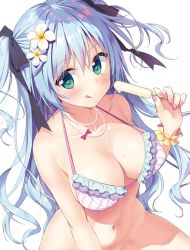 Rule 34 | 1girl, :q, aqua eyes, bare arms, bare shoulders, bead necklace, beads, bikini, bikini top only, black ribbon, blue hair, blush, bottomless, bow, breasts, cleavage, closed mouth, collarbone, dripping, floating hair, flower, food, frilled bikini, frilled bikini top, frills, hair flower, hair ornament, hair ribbon, halterneck, halterneck, hand up, holding, holding food, jewelry, large breasts, long hair, looking at viewer, nail polish, navel, necklace, original, pink bow, pink nails, popsicle, ribbon, ryouka (suzuya), scrunchie, simple background, smile, solo, stomach, swimsuit, thighs, tongue, tongue out, two side up, very long hair, white background, white flower, wrist scrunchie