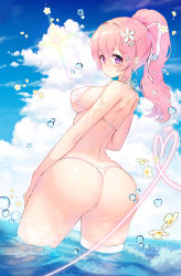 Rule 34 | 1girl, apple caramel, ass, bad id, bad pixiv id, beach, bikini, breasts, curvy, from behind, halterneck, hand on own hip, highres, huge ass, in water, large breasts, long hair, looking at viewer, looking back, medium breasts, original, pink hair, ponytail, purple eyes, revision, sideboob, solo, string bikini, swimsuit, thick thighs, thigh strap, thighs, thong bikini, wading, wet