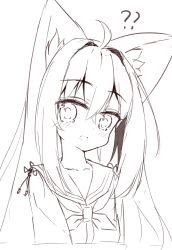 Rule 34 | 1girl, ?, ??, ahoge, animal ear fluff, animal ears, blush, collarbone, commentary, flower knot, fox ears, greyscale, hair between eyes, hair intakes, head tilt, highres, monochrome, neckerchief, original, parted lips, sailor collar, simple background, sketch, solo, symbol-only commentary, tandohark, upper body, white background