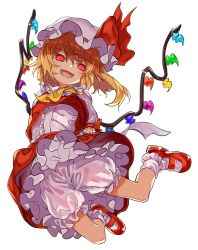 Rule 34 | 1girl, arms behind back, ascot, blonde hair, bloomers, fangs, flandre scarlet, full body, long hair, looking at viewer, manarou, open mouth, petticoat, puffy short sleeves, puffy sleeves, red eyes, red footwear, red skirt, shoes, short sleeves, simple background, skirt, skirt set, smile, socks, solo, touhou, underwear, vest, white background, white socks, wings