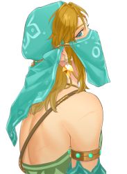 Rule 34 | 1boy, arabian clothes, bad id, bad pixiv id, bare shoulders, blonde hair, blue eyes, circlet, commentary request, crossdressing, detached sleeves, earrings, from side, gerudo set (zelda), green headwear, grey background, highres, ivy (sena0119), jewelry, link, looking at viewer, male focus, medium hair, mouth veil, nintendo, pointy ears, sideways glance, simple background, solo, the legend of zelda, the legend of zelda: breath of the wild, trap, veil