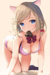 Rule 34 | 1girl, all fours, animal ears, blonde hair, blue eyes, bra, braid, breasts, candy, cat ears, chocolate, chocolate heart, cleavage, food, food in mouth, heart, medium breasts, mignon, mouth hold, original, panties, short hair, single braid, sketch, solo, underwear, underwear only, valentine