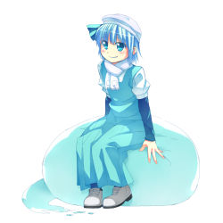 Rule 34 | 1girl, adapted costume, blue bow, blue eyes, blue hairband, blush, bow, commentary request, full body, green skirt, green vest, hair bow, hairband, highres, ikuya@, konpaku youmu, konpaku youmu (ghost), long skirt, looking at viewer, pleated skirt, scarf, shirt, short hair, silver hair, simple background, sitting, skirt, smile, solo, touhou, vest, white background, white footwear, white headwear, white shirt, winter clothes