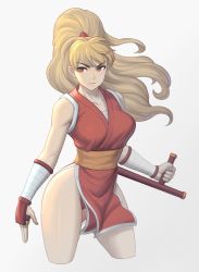 Rule 34 | 1girl, bare shoulders, blonde hair, breasts, brown eyes, closed mouth, collarbone, commentary request, cowboy shot, cropped legs, final fight, floating hair, genryuusai maki, grey background, high ponytail, holding, holding weapon, japanese clothes, long hair, looking at viewer, medium breasts, noppo (tarstation), pelvic curtain, ponytail, sarashi, sash, serious, simple background, sleeveless, solo, standing, street fighter, tonfa, v-shaped eyebrows, weapon, white background, wrist guards