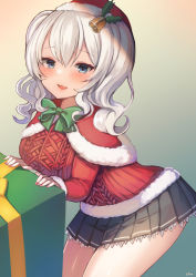 Rule 34 | 1girl, artist name, blue eyes, blush, box, capelet, christmas, cowboy shot, fur-trimmed capelet, fur trim, gift, gift box, grey skirt, hair between eyes, hat, kantai collection, kashima (kancolle), long sleeves, official alternate costume, open mouth, pleated skirt, red capelet, red hat, santa costume, santa hat, short hair, signature, silica (silica silylate), silver hair, skirt, solo, twintails