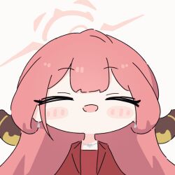 Rule 34 | 1girl, ahoge, animated, animated gif, aru (dress) (blue archive), blue archive, blush, chibi, closed eyes, commentary request, demon girl, demon horns, dress, earrings, halo, horns, jacket, jewelry, long hair, open mouth, red dress, red hair, red halo, red jacket, simple background, solo, umihio, white background