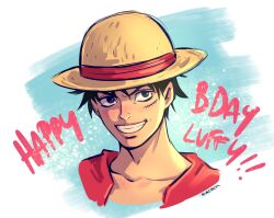 Rule 34 | 1boy, black hair, blue background, close-up, commentary, ellie mehl, english commentary, happy birthday, hat, highres, looking to the side, male focus, monkey d. luffy, one piece, red shirt, scar, scar on face, shirt, short hair, simple background, smile, solo, straw hat, yellow hat
