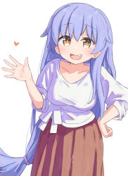 Rule 34 | 1girl, :d, blue hair, breasts, brown eyes, brown skirt, collarbone, commentary, extra, fang, hair between eyes, hair flaps, hairdresser (onii-chan wa oshimai!), hand on own hip, heart, highres, large breasts, long hair, long sleeves, looking at viewer, low-tied long hair, onii-chan wa oshimai!, open mouth, simple background, skirt, smile, solo, standing, tetesudeesu, very long hair, waving, white background