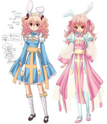 Rule 34 | 1girl, animal ears, arch bishop (ragnarok online), black footwear, blue dress, breasts, cleavage, cleavage cutout, clothing cutout, commentary request, cross, dated commentary, dress, fishnet thighhighs, fishnets, frilled thighhighs, frills, full body, juliet sleeves, kawagoe pochi, long hair, long sleeves, looking at viewer, open mouth, pink dress, pink eyes, pink hair, puffy sleeves, rabbit ears, ragnarok online, sash, shoes, simple background, small breasts, standing, thighhighs, translation request, two-tone dress, white background, white dress, white thighhighs, yellow sash