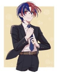 Rule 34 | 1boy, alear (fire emblem), alear (male) (fire emblem), alternate costume, belt, belt buckle, blue eyes, blue hair, buckle, closed mouth, fire emblem, fire emblem engage, formal, heterochromia, highres, jacket, jewelry, multicolored hair, necktie, nintendo, open clothes, open jacket, red eyes, red hair, ring, s1wa 3, short hair, simple background, smile, solo, split-color hair, suit, two-tone hair