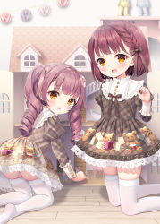 Rule 34 | 2girls, :d, :o, blush, bow, brown bow, brown dress, brown hair, child, chitosezaka suzu, commentary, doll house, dress, drill hair, english commentary, frilled dress, frills, hair bow, highres, juliet sleeves, kneeling, lolita fashion, long hair, long sleeves, looking at viewer, minidress, multiple girls, no shoes, open mouth, orange eyes, original, plaid, plaid skirt, puffy sleeves, purple hair, skindentation, skirt, smile, soles, sweet lolita, thighhighs, twin drills, twintails, white thighhighs, wooden floor, zettai ryouiki