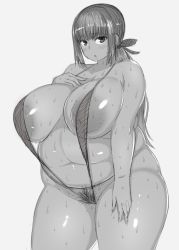 Rule 34 | 1girl, absurdres, areola slip, blush, breasts, fat, female pubic hair, highres, huge breasts, large areolae, long hair, looking at viewer, monochrome, plump, ponytail, pubic hair, slingshot swimsuit, solo, swimsuit, tensai427, thick thighs, thighs