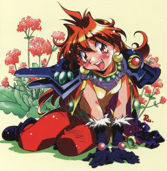 Rule 34 | 1girl, ahoge, armor, belt, boots, breasts, cape, earrings, elbow gloves, fang, female focus, flower, full body, gloves, hairband, highres, jewelry, leaf, lina inverse, long hair, looking at viewer, nature, necklace, open mouth, pantyhose, red eyes, red hair, sitting, slayers, small breasts, smile, solo, teeth, tongue, tunic, wavy hair