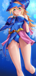 Rule 34 | 1girl, arms behind back, bare shoulders, blonde hair, blue dress, blue hat, blue legwear, blue sky, blush stickers, breasts, brooch, cameltoe, closed mouth, cloud, covered navel, dark magician girl, dress, duel monster, elbow gloves, from below, gloves, gold belt, green eyes, hair between eyes, hat, highres, holding, holding staff, jewelry, large breasts, lens flare, long hair, looking ahead, matrix16, off-shoulder dress, off shoulder, pentagram, short dress, sky, solo, staff, sunlight, thighs, tight clothes, tight dress, wizard hat, yu-gi-oh!