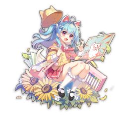 Rule 34 | 1girl, animal ears, artist request, bag, bandaid, bandaid on knee, bandaid on leg, black footwear, blue eyes, cat ears, child, colored pencil, drawing board, flower, game cg, hair ornament, handbag, hat, holding, holding bag, igarashi haruna, leaf, looking at viewer, mahjong, mahjong soul, neckerchief, official art, paper, pencil, petals, pink neckerchief, red eyes, red skirt, school hat, scrunchie, simple background, skirt, solo, sunflower, tenbou, third-party source, transparent background, white flower, yellow hat, yostar