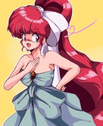 Rule 34 | 1girl, blue dress, blue eyes, breasts, dress, heart, highres, jenna (rainynebula), large breasts, long hair, medium breasts, open mouth, ranma-chan, ranma 1/2, red hair, retro artstyle, simple background, solo, yellow background